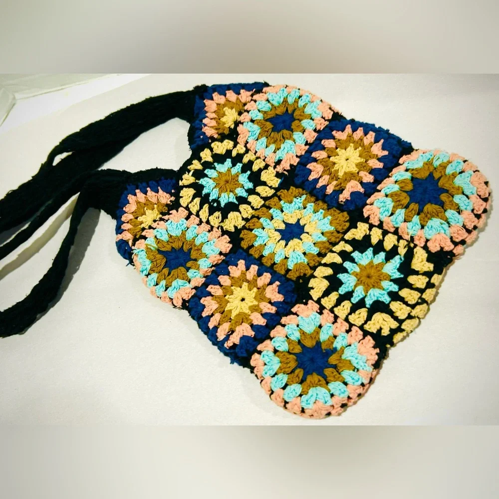 Vintage boho crochet granny square hobo bag crossbody purse